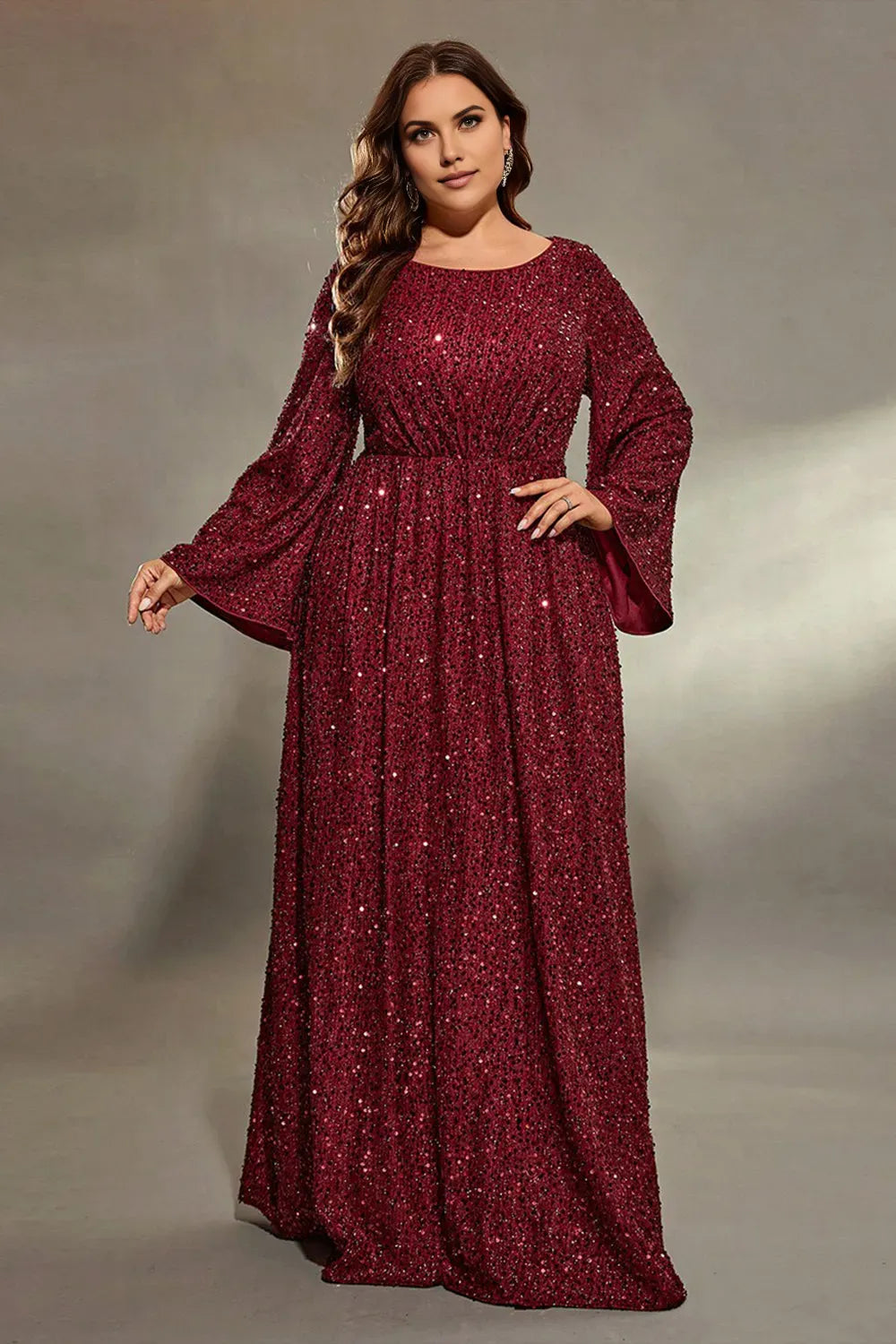 Glamorous A-Line Boat Neck Flare Sleeve Sequins Back Zip Floor-Length Plus Size Mother of the Bride Dress