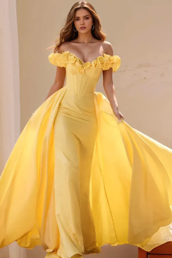 Glamorous A-Line Off-Shoulder Floral-Strap Ruched Pleated Corset-Back Back Zipper Floor-Length Prom Dress