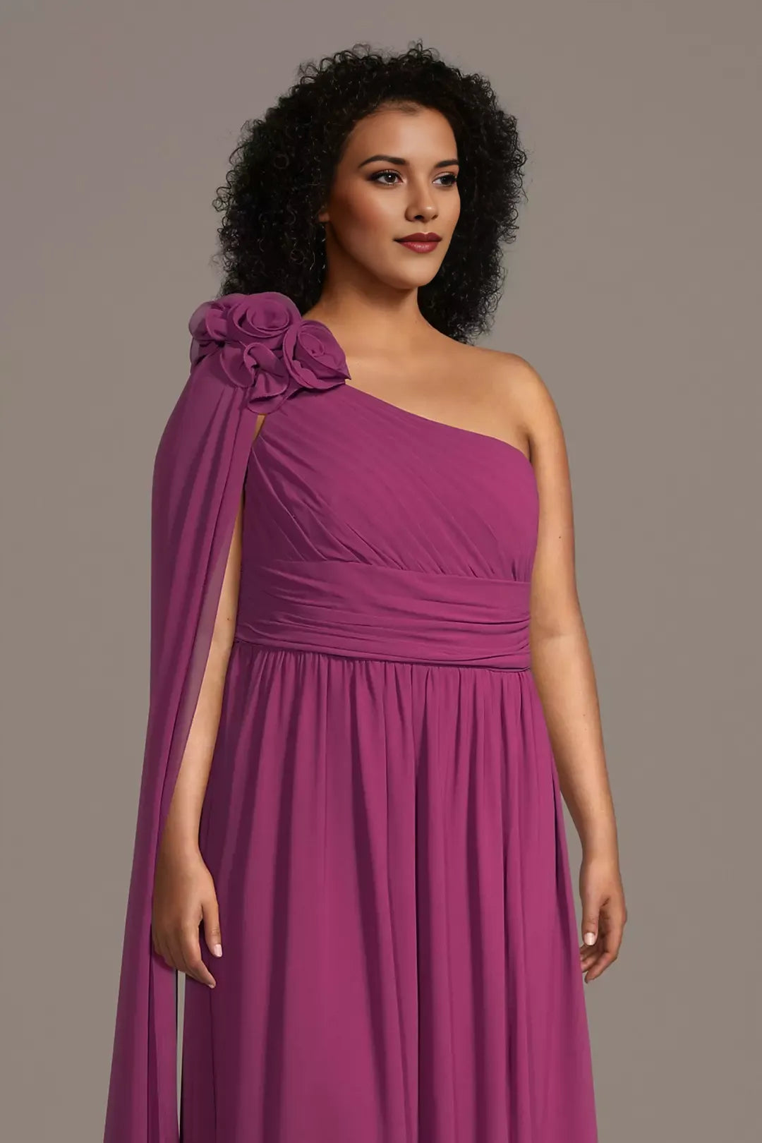 Glamorous A-Line One-Shoulder Chiffon Sleeveless Side Zip Floor-Length Plus Size Mother of the Bride Dress with Streamer