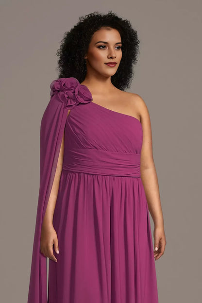 Glamorous A-Line One-Shoulder Chiffon Sleeveless Side Zip Floor-Length Plus Size Mother of the Bride Dress with Streamer