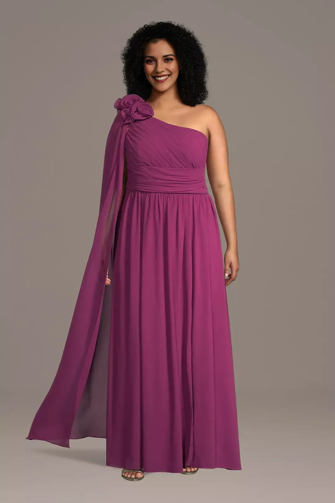 Glamorous A-Line One-Shoulder Chiffon Sleeveless Side Zip Floor-Length Plus Size Mother of the Bride Dress with Streamer