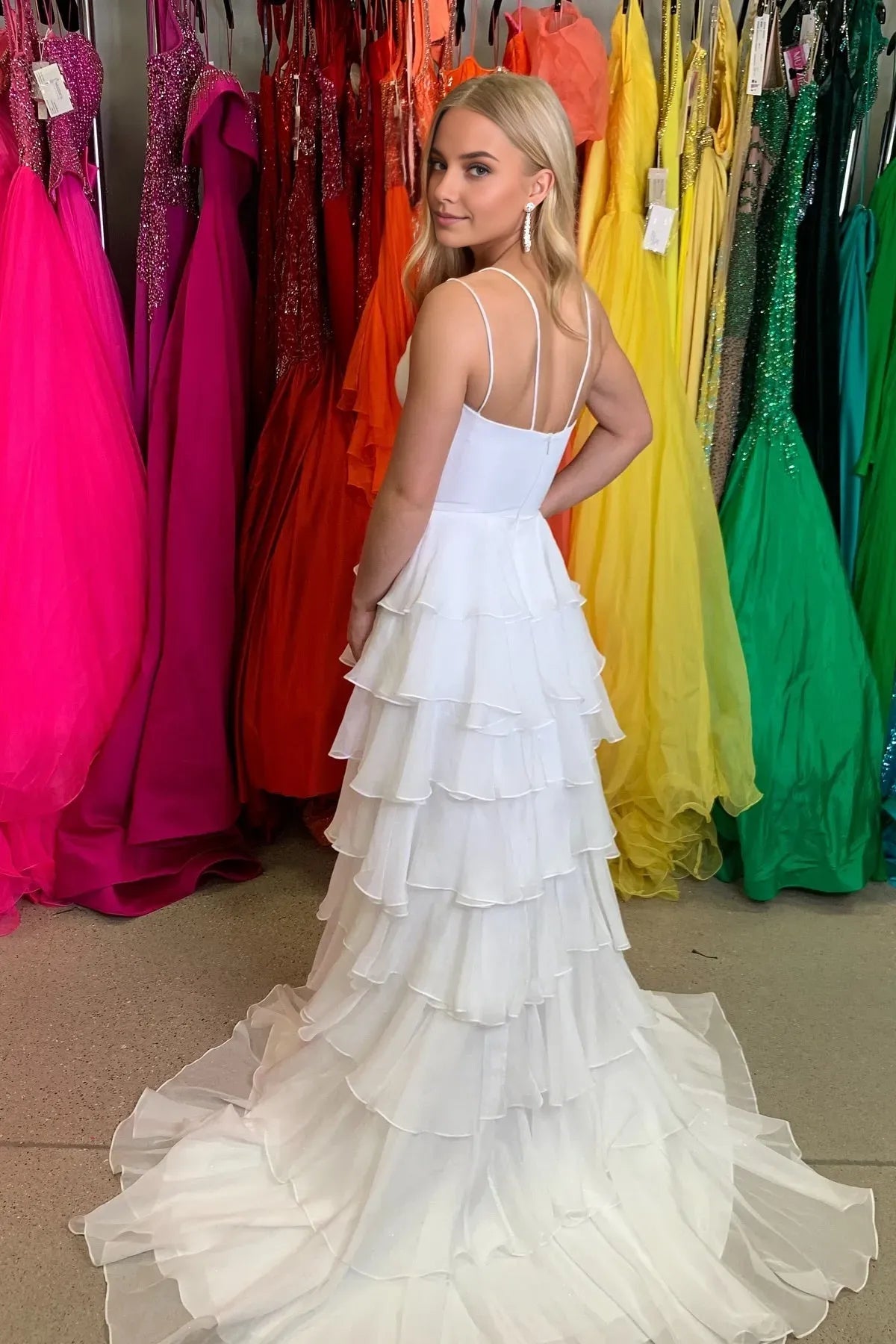 Glamorous A-Line Plunging V-Neck Spaghetti-Strap Tiered-Ruffle Back Zip High-Slit Floor-Length Prom Dress