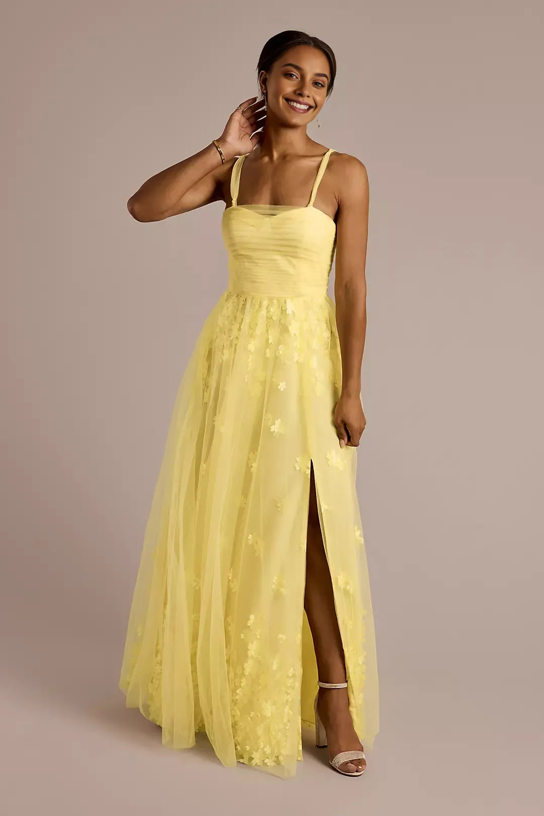 Glamorous A-Line Square-Neck Spaghetti-Strap Tulle Floral Embroidered  Back Zip High Side-Slit Floor-Length Prom Dresses with 3D Flowers