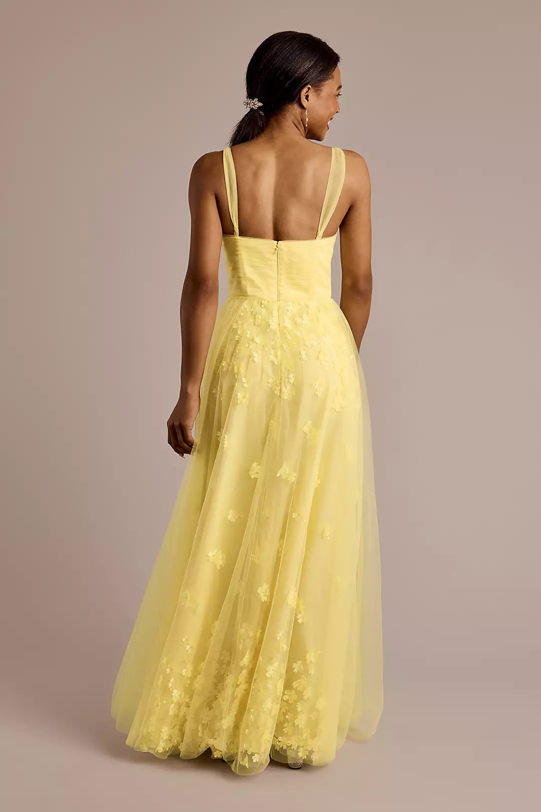 Glamorous A-Line Square-Neck Spaghetti-Strap Tulle Floral Embroidered  Back Zip High Side-Slit Floor-Length Prom Dresses with 3D Flowers