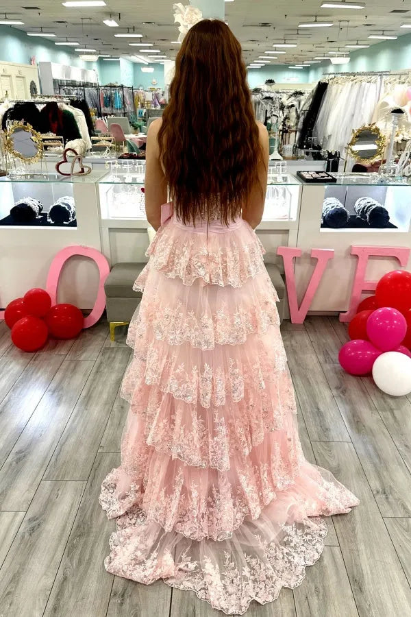 Glamorous A-Line Strapless Lace Sequin Appliques Ruffled Tiered Bow Knot High Side Slit Prom Dress