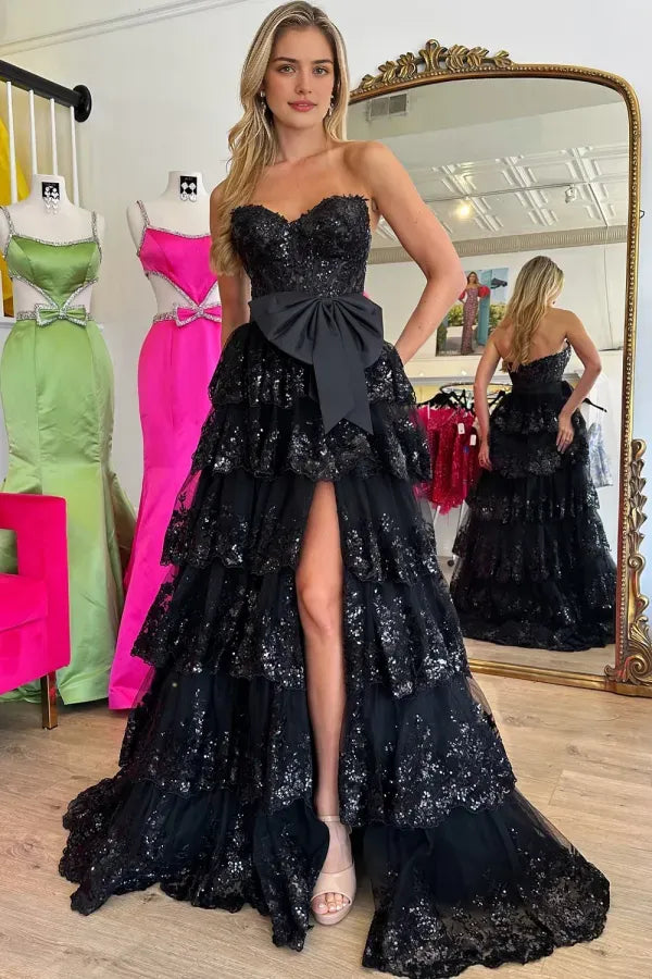 Glamorous A-Line Strapless Lace Sequin Appliques Ruffled Tiered Bow Knot High Side Slit Prom Dress