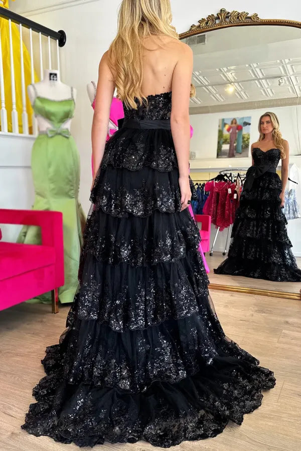 Glamorous A-Line Strapless Lace Sequin Appliques Ruffled Tiered Bow Knot High Side Slit Prom Dress