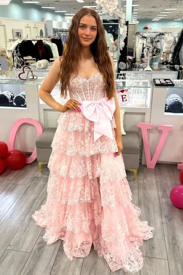 Glamorous A-Line Strapless Lace Sequin Appliques Ruffled Tiered Bow Knot High Side Slit Prom Dress