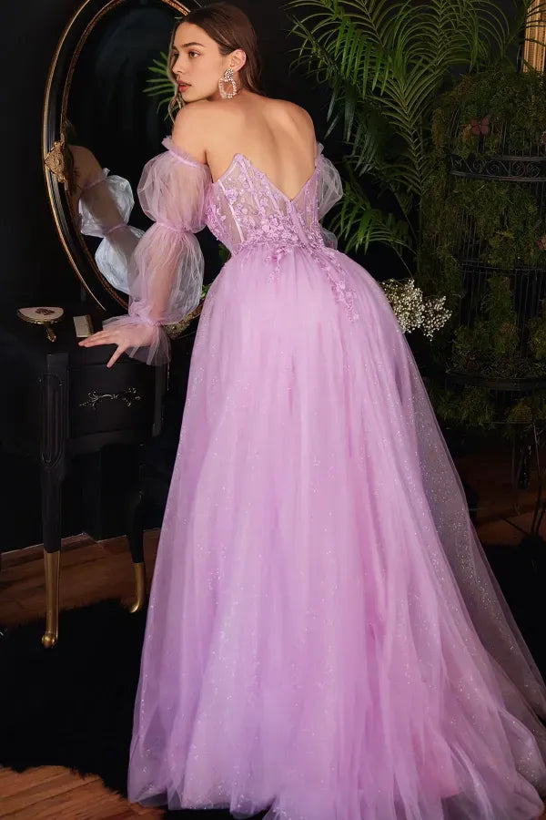 Glamorous A-Line Strapless Lantern Sleeve Embroidered Appliques Beaded High Side Slit Floor-Length Prom Dress