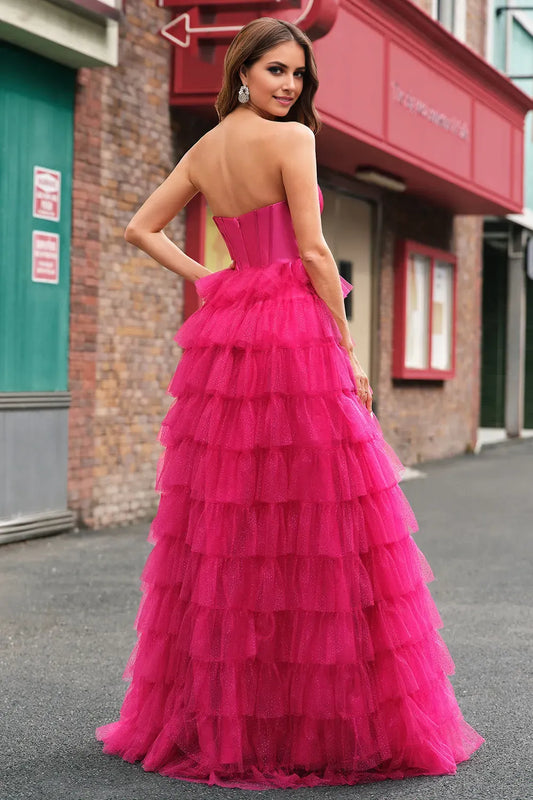 Glamorous A-Line Strapless Sleeveless Cut Out Tiered Tulle Back Zip Floor-Length Prom Dress