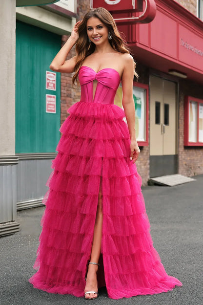 Glamorous A-Line Strapless Sleeveless Cut Out Tiered Tulle Back Zip Floor-Length Prom Dress