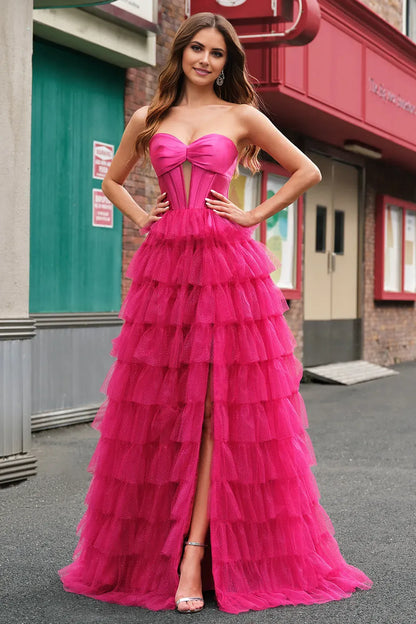 Glamorous A-Line Strapless Sleeveless Cut Out Tiered Tulle Back Zip Floor-Length Prom Dress