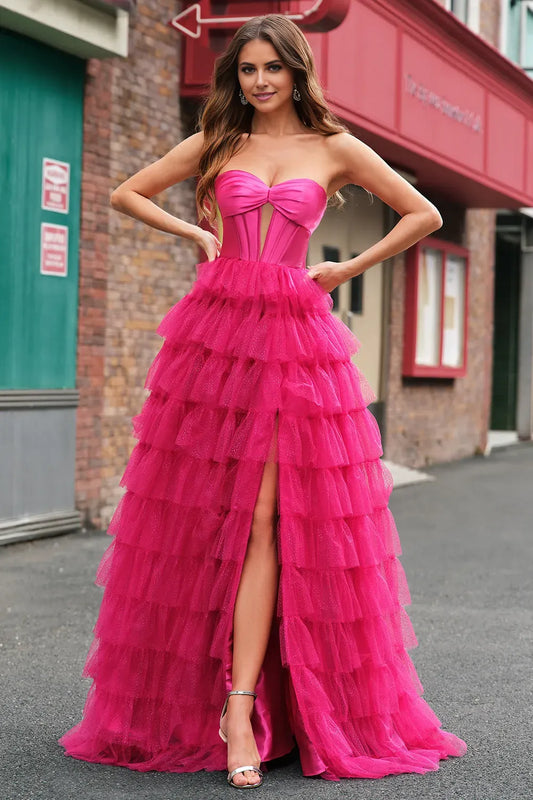 Glamorous A-Line Strapless Sleeveless Cut Out Tiered Tulle Back Zip Floor-Length Prom Dress