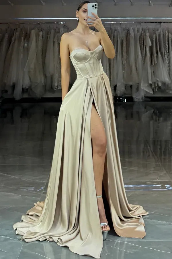 Glamorous A-Line Strapless Sleeveless Pleated Back Zip Train High Side Slit Prom Dress Hot Sale