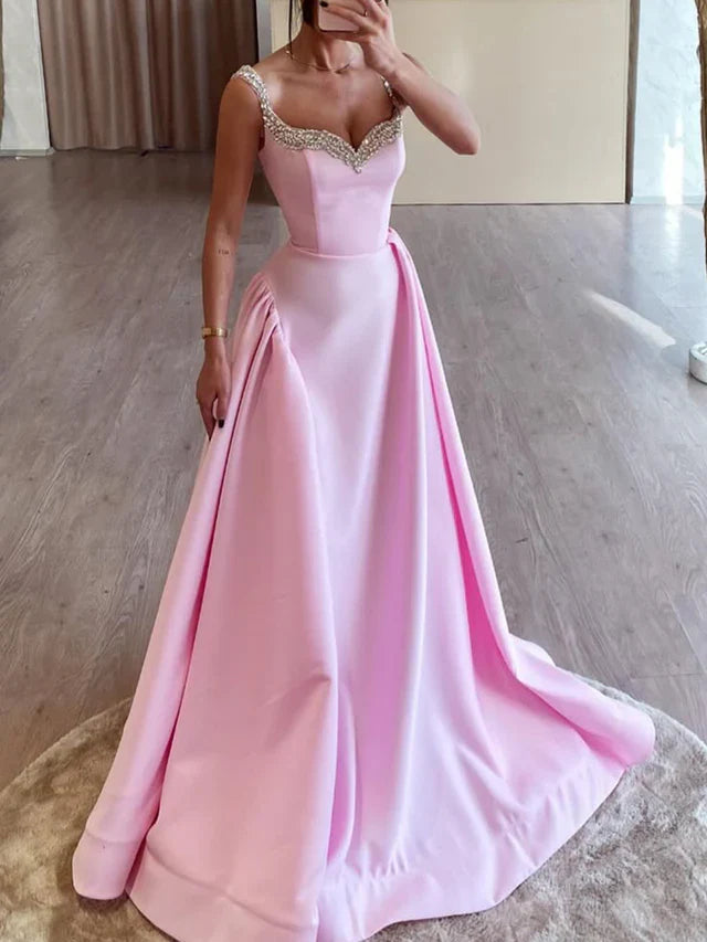 Glamorous A-Line Sweetheart Beaded-Strap Lace-Up-Back Floor-Length Prom Dresses