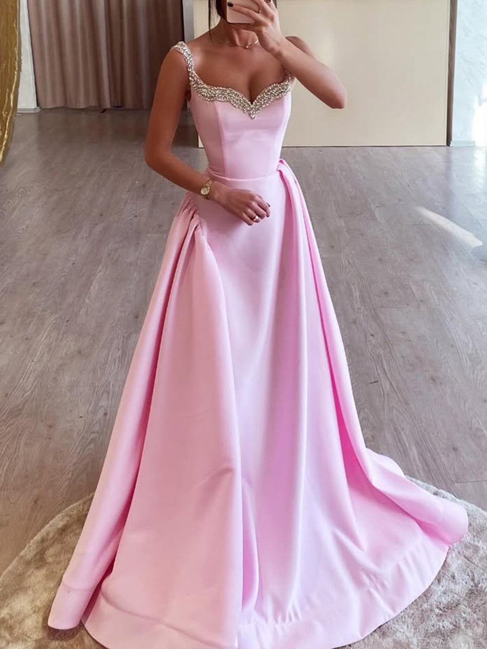 Glamorous A-Line Sweetheart Beaded-Strap Lace-Up-Back Floor-Length Prom Dresses