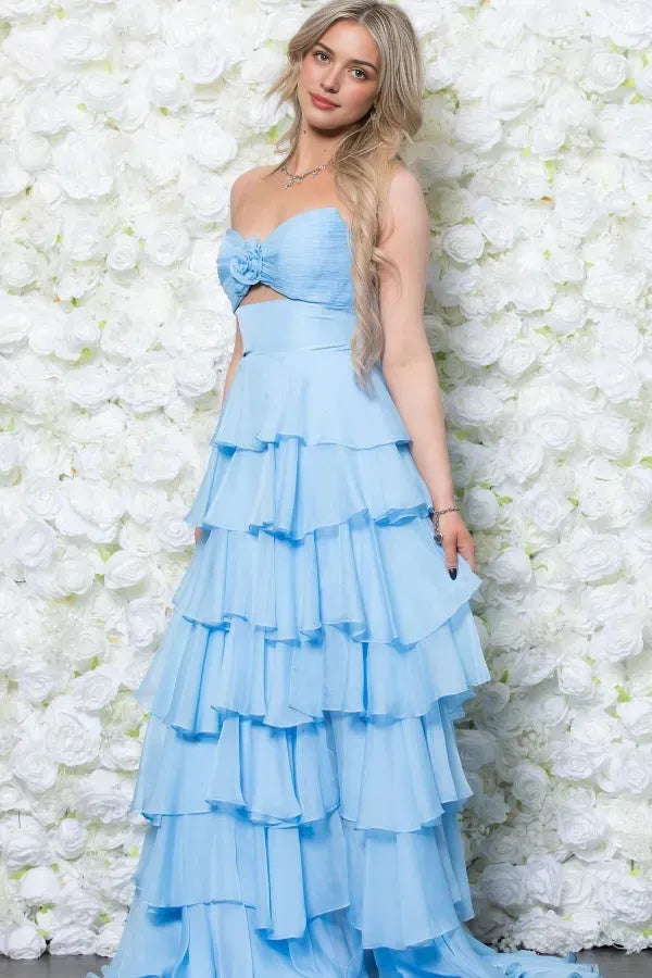Glamorous A-Line Sweetheart Neck Strapless Floral Cutout Ruffled Tiered Bow Knot Prom Dress with High Side Slit and Train