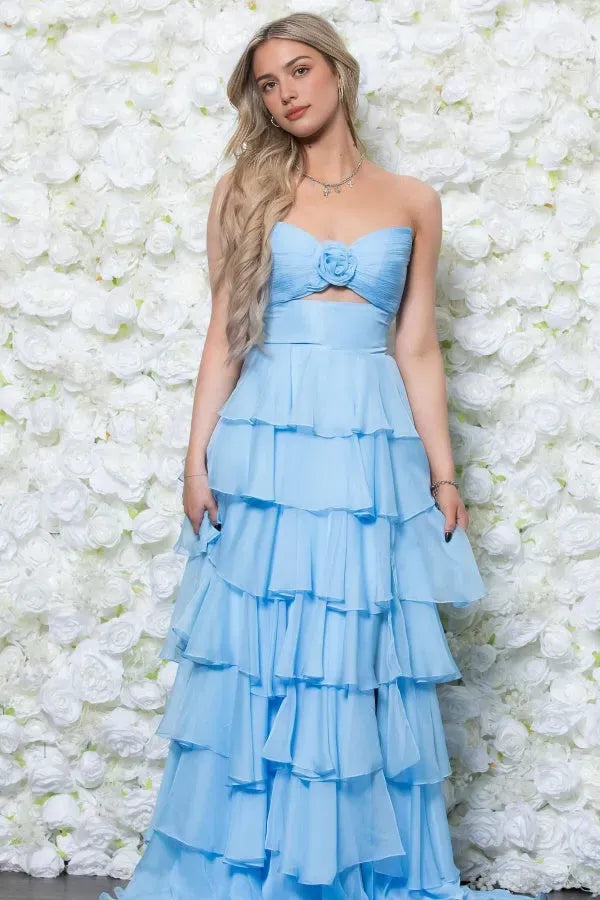 Glamorous A-Line Sweetheart Neck Strapless Floral Cutout Ruffled Tiered Bow Knot Prom Dress with High Side Slit and Train
