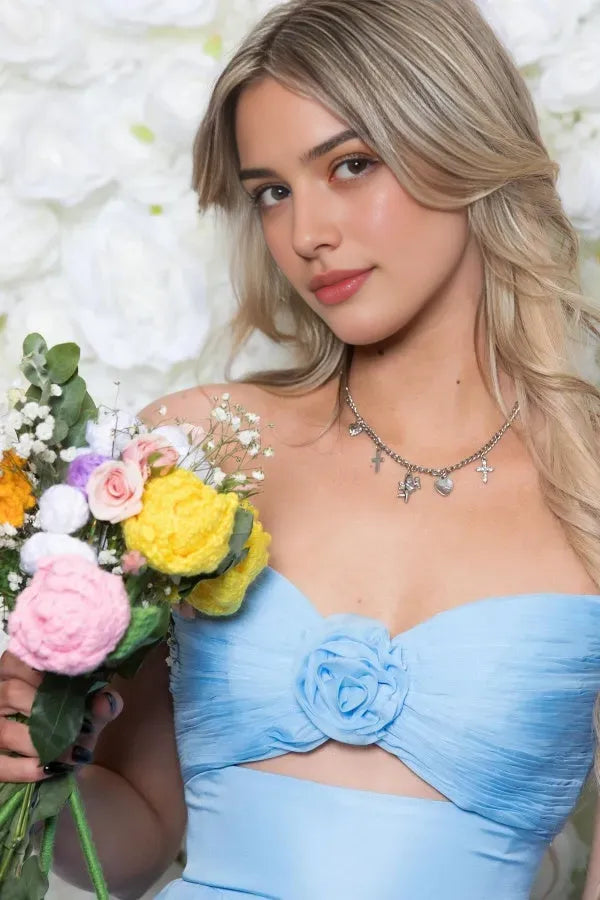 Glamorous A-Line Sweetheart Neck Strapless Floral Cutout Ruffled Tiered Bow Knot Prom Dress with High Side Slit and Train