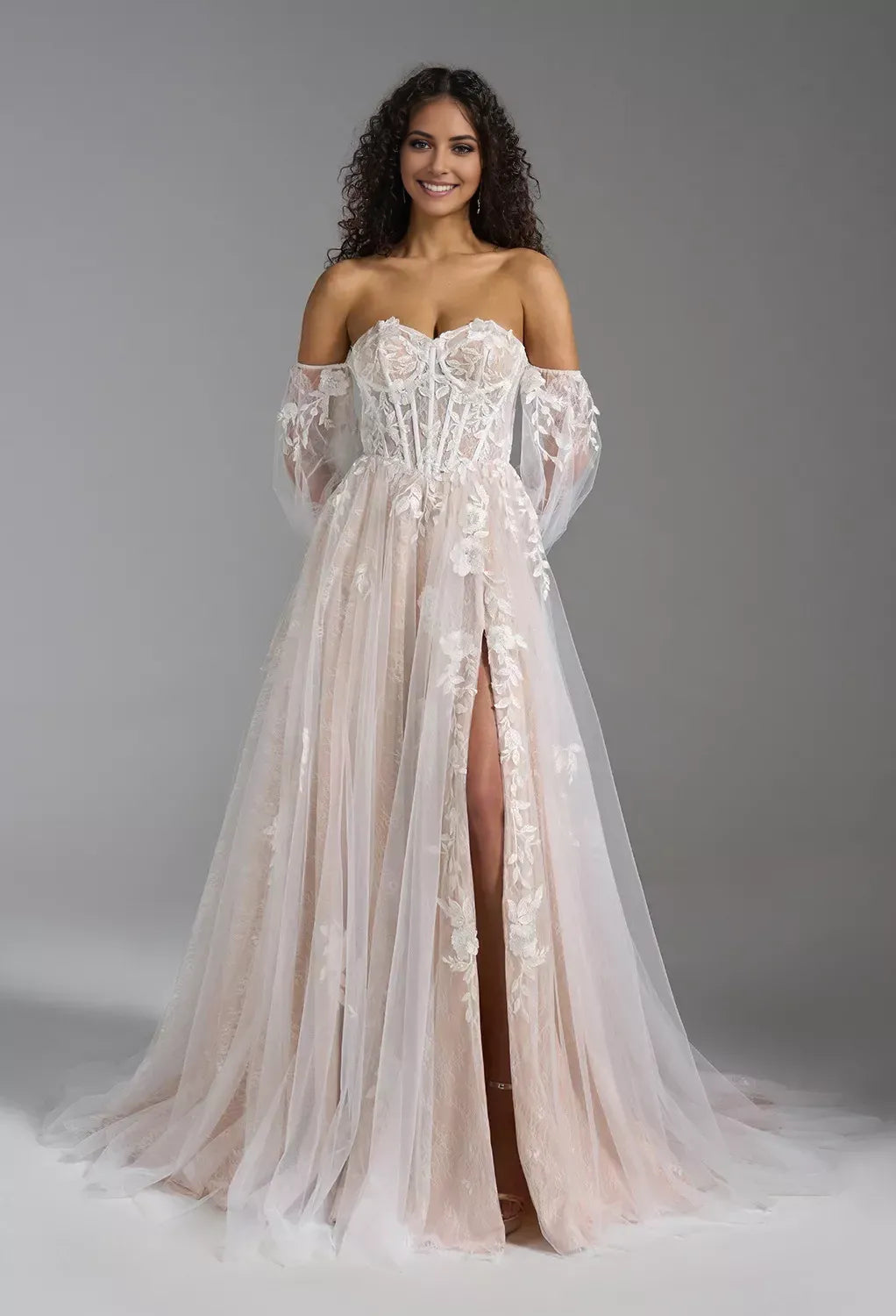 Glamorous A-Line Sweetheart Neckline Lace-Sleeve Corset Back Floor Length Slit Tulle Wedding Dresses