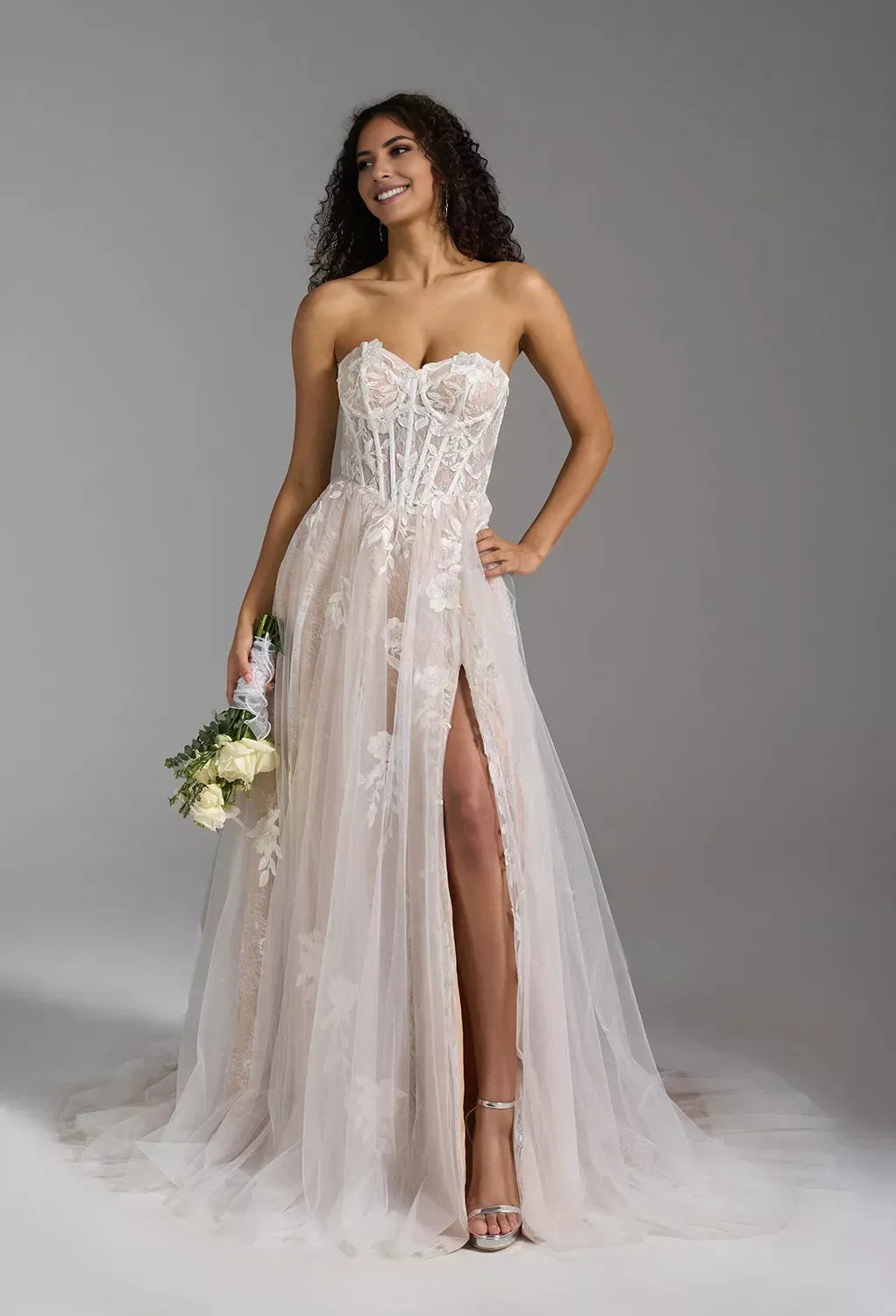 Glamorous A-Line Sweetheart Neckline Lace-Sleeve Corset Back Floor Length Slit Tulle Wedding Dresses