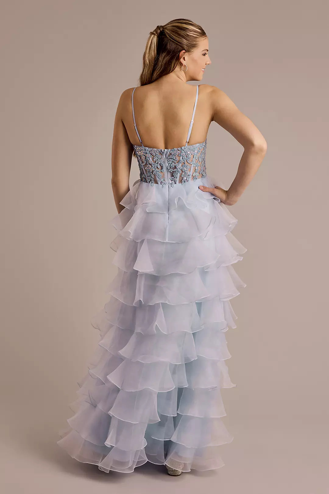 Glamorous A-Line Sweetheart Spaghetti Strap Lace-Embroidered Tiered-Ruffle Back Zip High-Slit Floor-Length Prom Dress