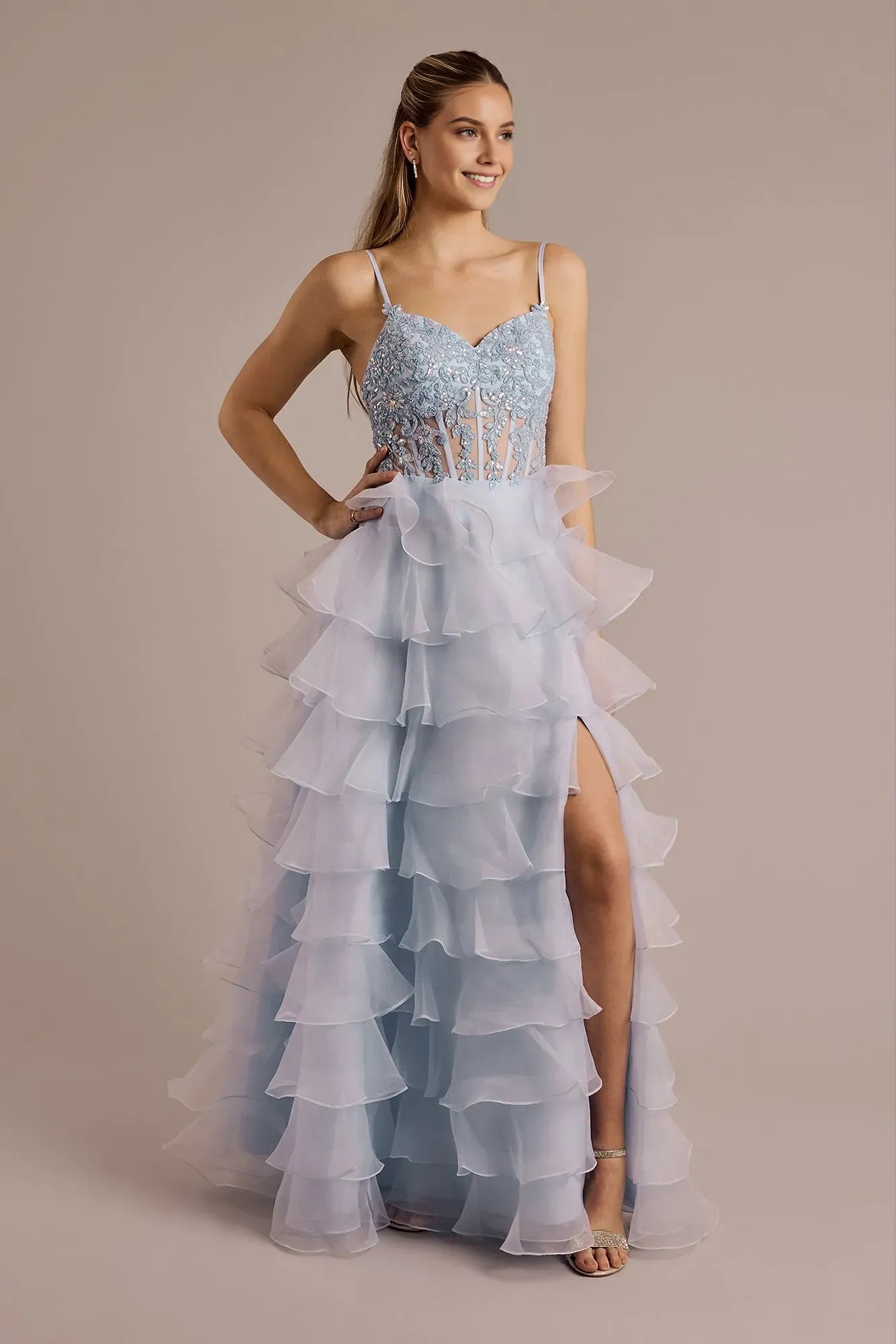Glamorous A-Line Sweetheart Spaghetti Strap Lace-Embroidered Tiered-Ruffle Back Zip High-Slit Floor-Length Prom Dress