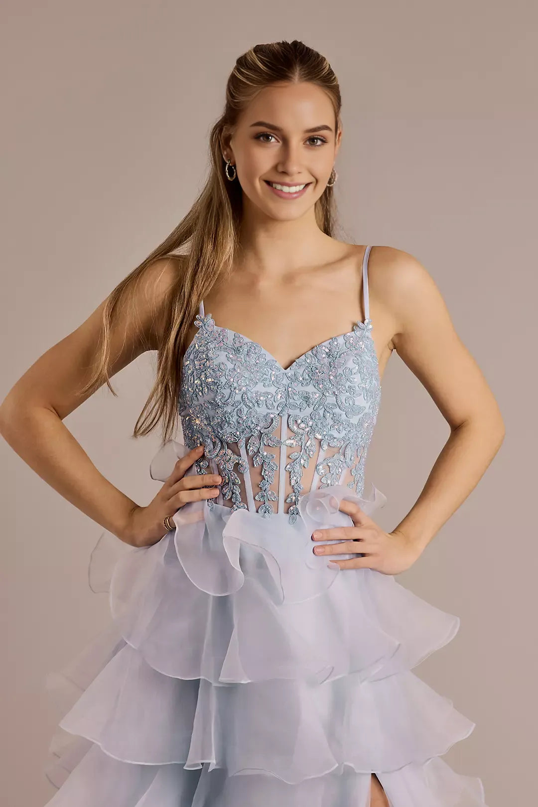 Glamorous A-Line Sweetheart Spaghetti Strap Lace-Embroidered Tiered-Ruffle Back Zip High-Slit Floor-Length Prom Dress