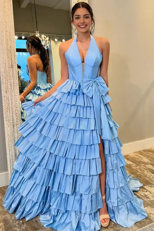 Glamorous A-Line V Neck Bow Knot Tiered Ruffled Back Zip Side Slit Floor-Length Prom Dress