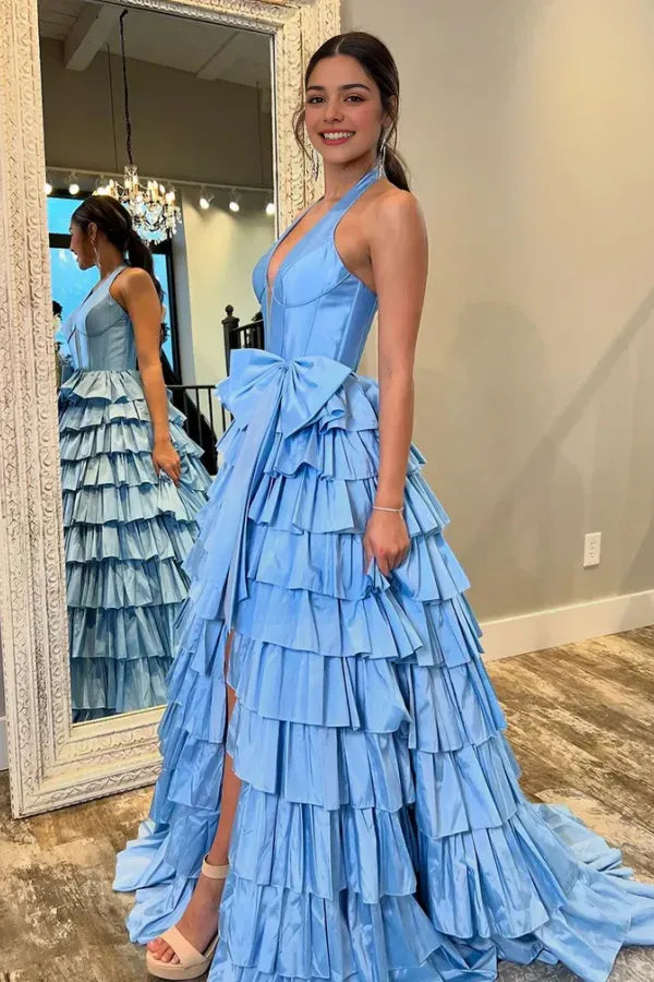 Glamorous A-Line V Neck Bow Knot Tiered Ruffled Back Zip Side Slit Floor-Length Prom Dress