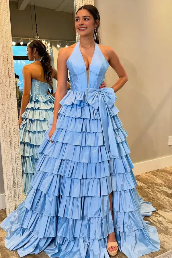 Glamorous A-Line V Neck Bow Knot Tiered Ruffled Back Zip Side Slit Floor-Length Prom Dress