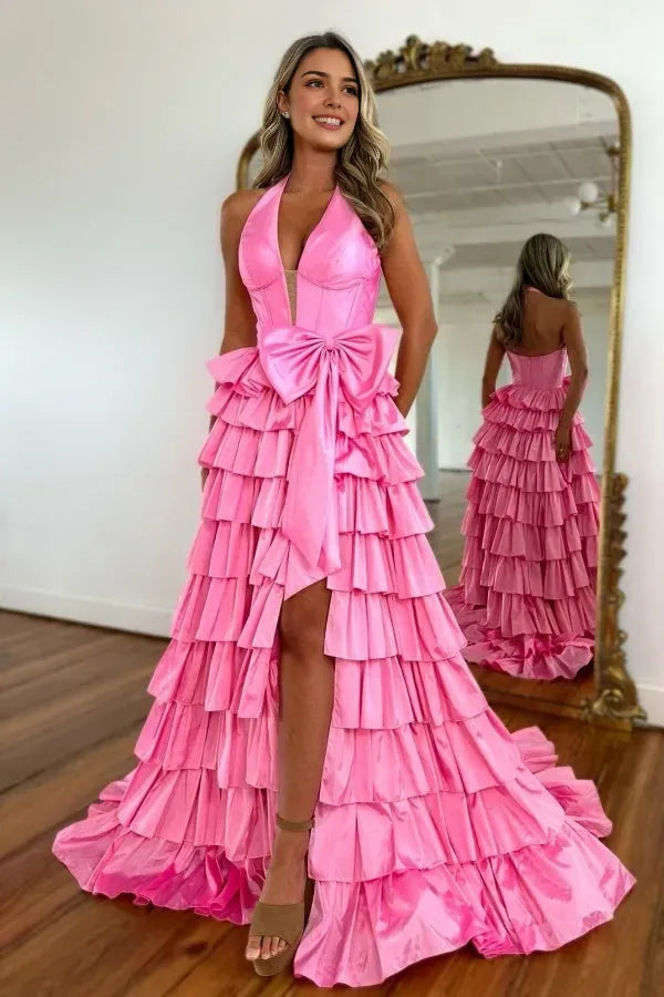 Glamorous A-Line V Neck Bow Knot Tiered Ruffled Back Zip Side Slit Floor-Length Prom Dress