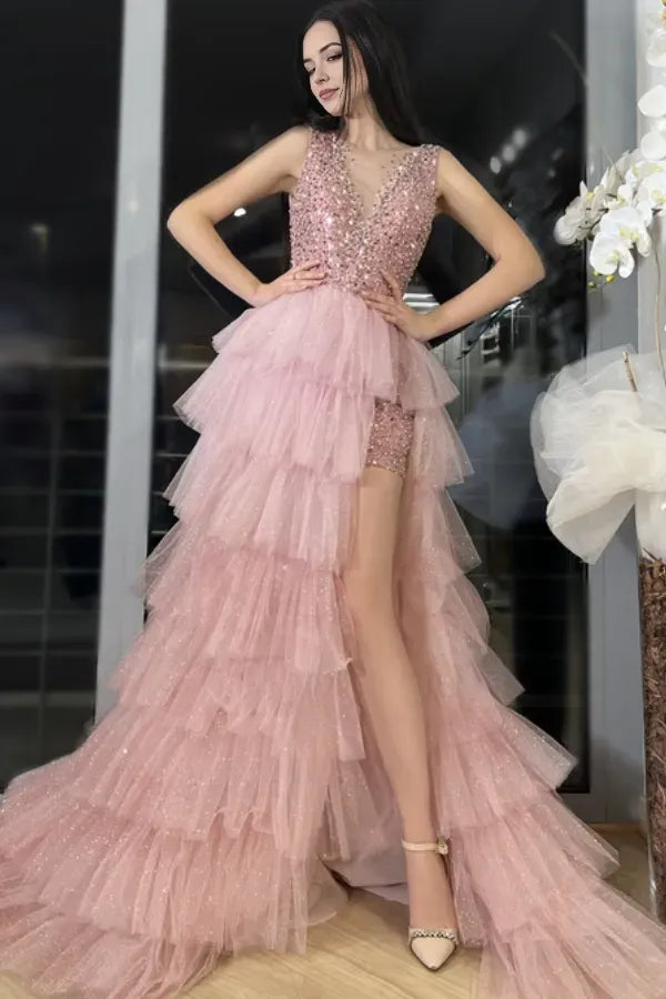 Glamorous A-Line V Neck Sleeveless Sequin-Embellished High-Low Beaded Tulle High Side Slit Train Prom Dress with Bow