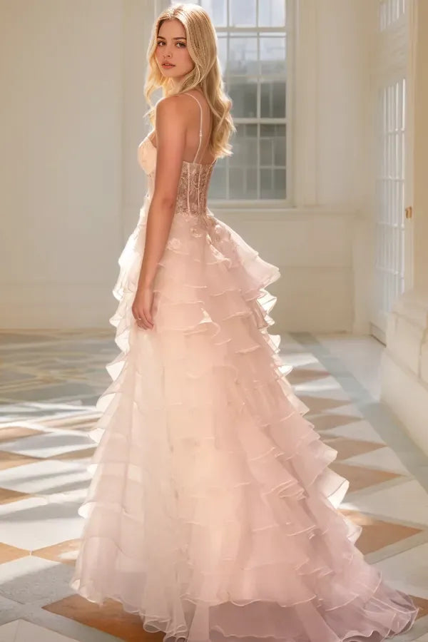 Glamorous A-Line V Neck Spaghetti Strap Lace Appliques Tiered Ruffled High Side Slit Floor-Length Prom Dress