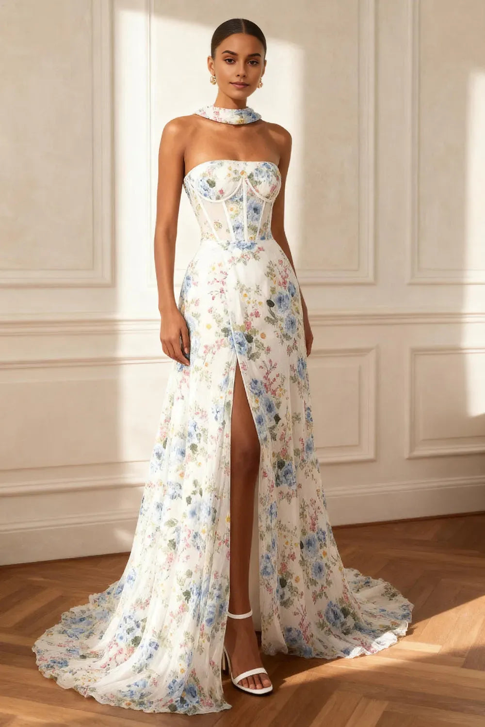 Glamorous A Line Strapless Sleeveless Floral-Print Open-Back Floor-Length High Slit Prom Dress with Slit Hot Sale
