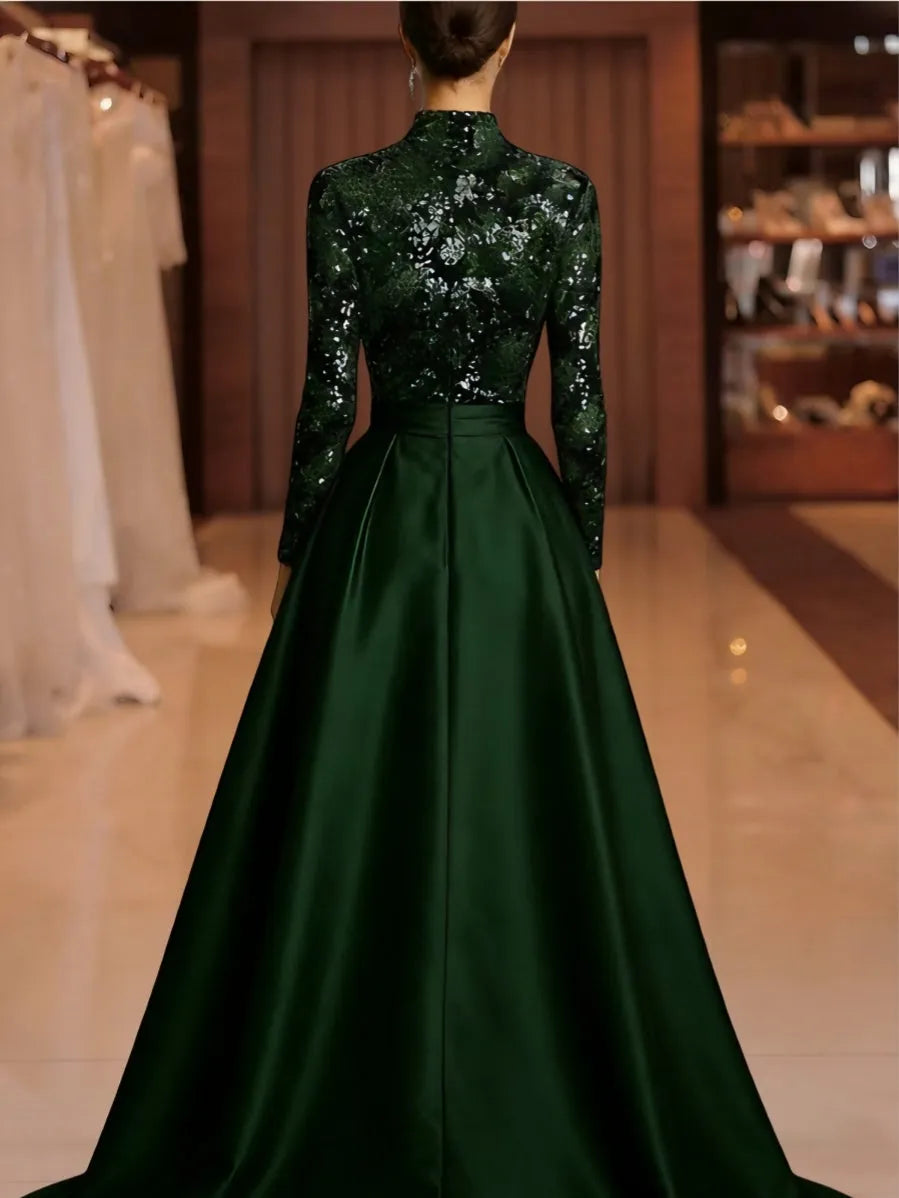 Glamorous Ball Gown High Neck Long Sleeve Zipper Back Satin Sequins Floor-Length Evening Dresses