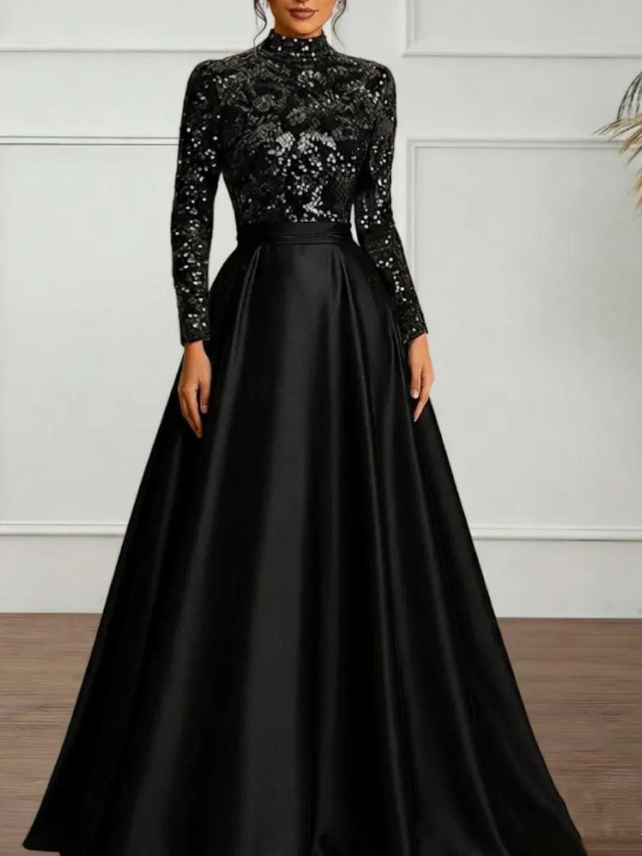 Glamorous Ball Gown High Neck Long Sleeve Zipper Back Satin Sequins Floor-Length Evening Dresses
