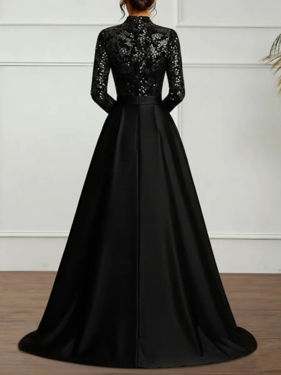 Glamorous Ball Gown High Neck Long Sleeve Zipper Back Satin Sequins Floor-Length Evening Dresses