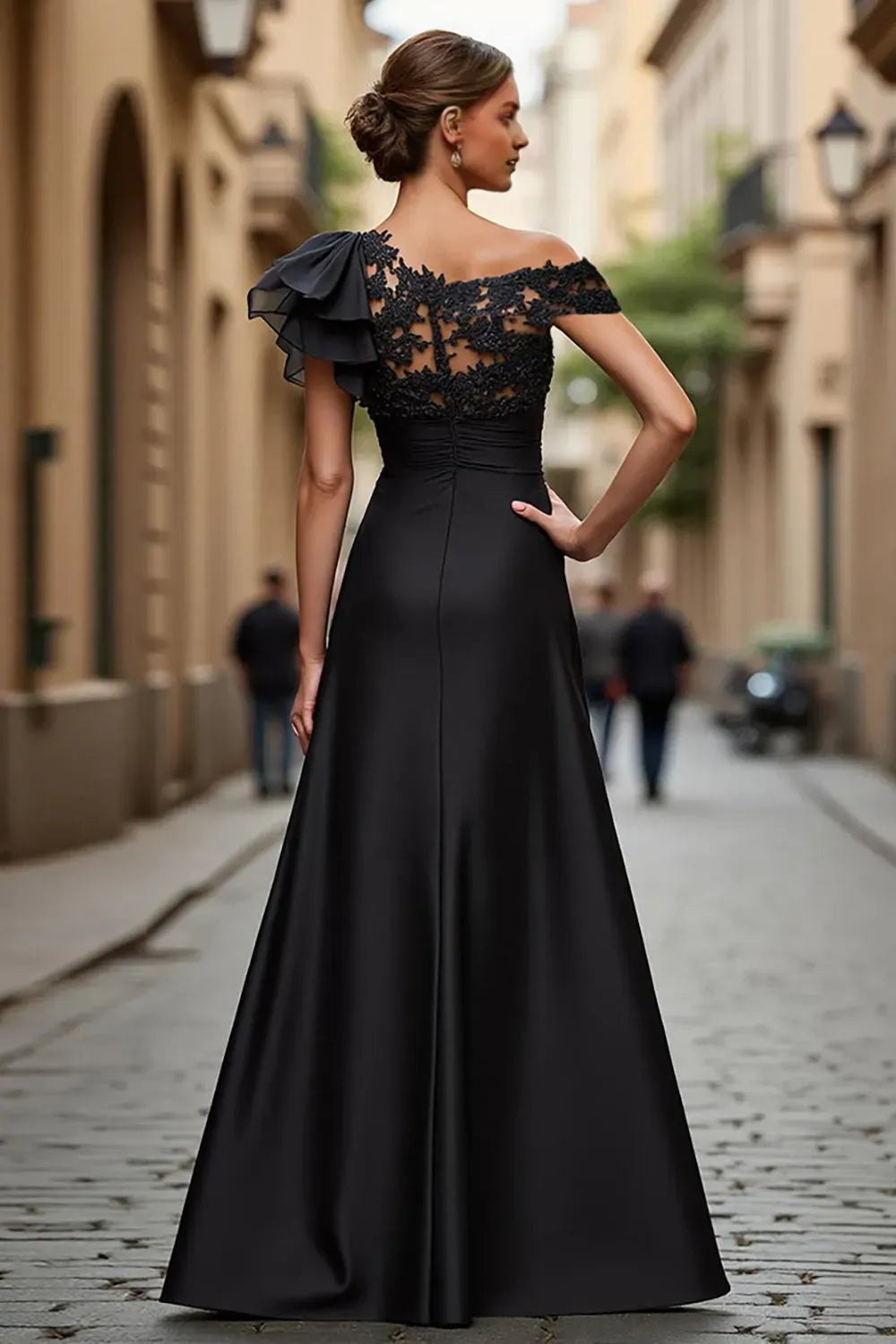 Glamorous Black A-Line Asymmetrical Off-The-Shoulder Lace Sleeve Zipper Back Mother of the Bride Dress with Appliqued
