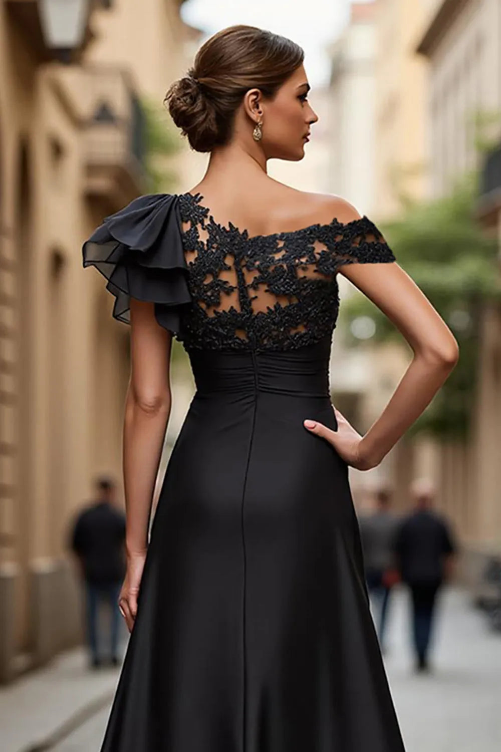 Glamorous Black A-Line Asymmetrical Off-The-Shoulder Lace Sleeve Zipper Back Mother of the Bride Dress with Appliqued