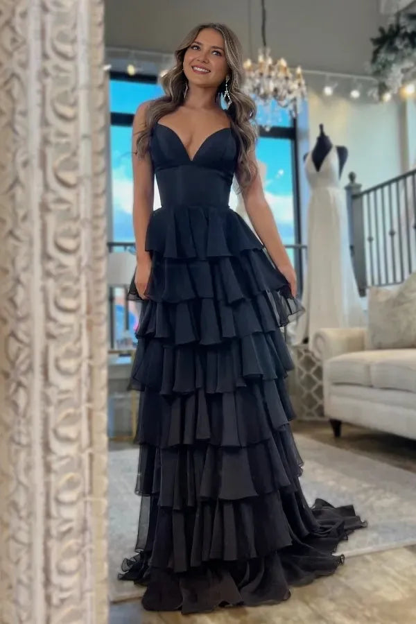Glamorous Black A-Line Plunging V-Neck Spaghetti Straps Tiered Ruffled Chiffon High-Slit Floor-Length Prom Dress