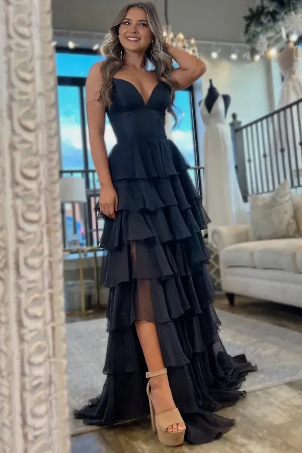Glamorous Black A-Line Plunging V-Neck Spaghetti Straps Tiered Ruffled Chiffon High-Slit Floor-Length Prom Dress