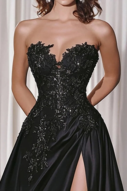 Glamorous Black A-Line Sweetheart Sleeveless Back Zip Floor-Length Prom Dress with Lace Appliques