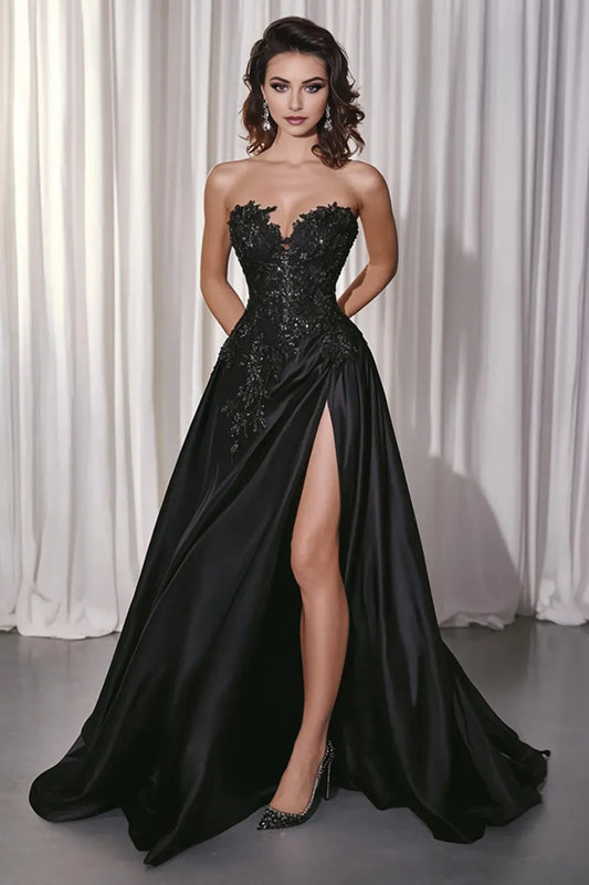 Glamorous Black A-Line Sweetheart Sleeveless Back Zip Floor-Length Prom Dress with Lace Appliques