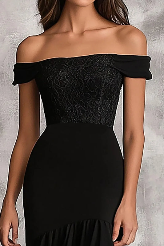 Glamorous Black Mermaid Off-Shoulder Short Sleeve Lace Up Floor-Length Prom Dresses with Ruffles