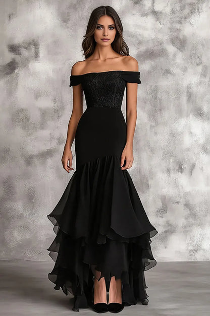 Glamorous Black Mermaid Off-Shoulder Short Sleeve Lace Up Floor-Length Prom Dresses with Ruffles