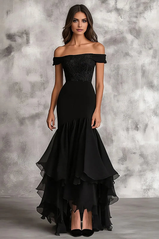 Glamorous Black Mermaid Off-Shoulder Short Sleeve Lace Up Floor-Length Prom Dresses with Ruffles