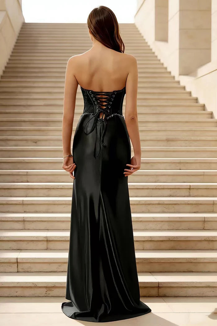 Glamorous Black Mermaid Sweetheart Strapless Lace-Up-Back Floor-Length Pleated Beaded Satin Prom Dresses