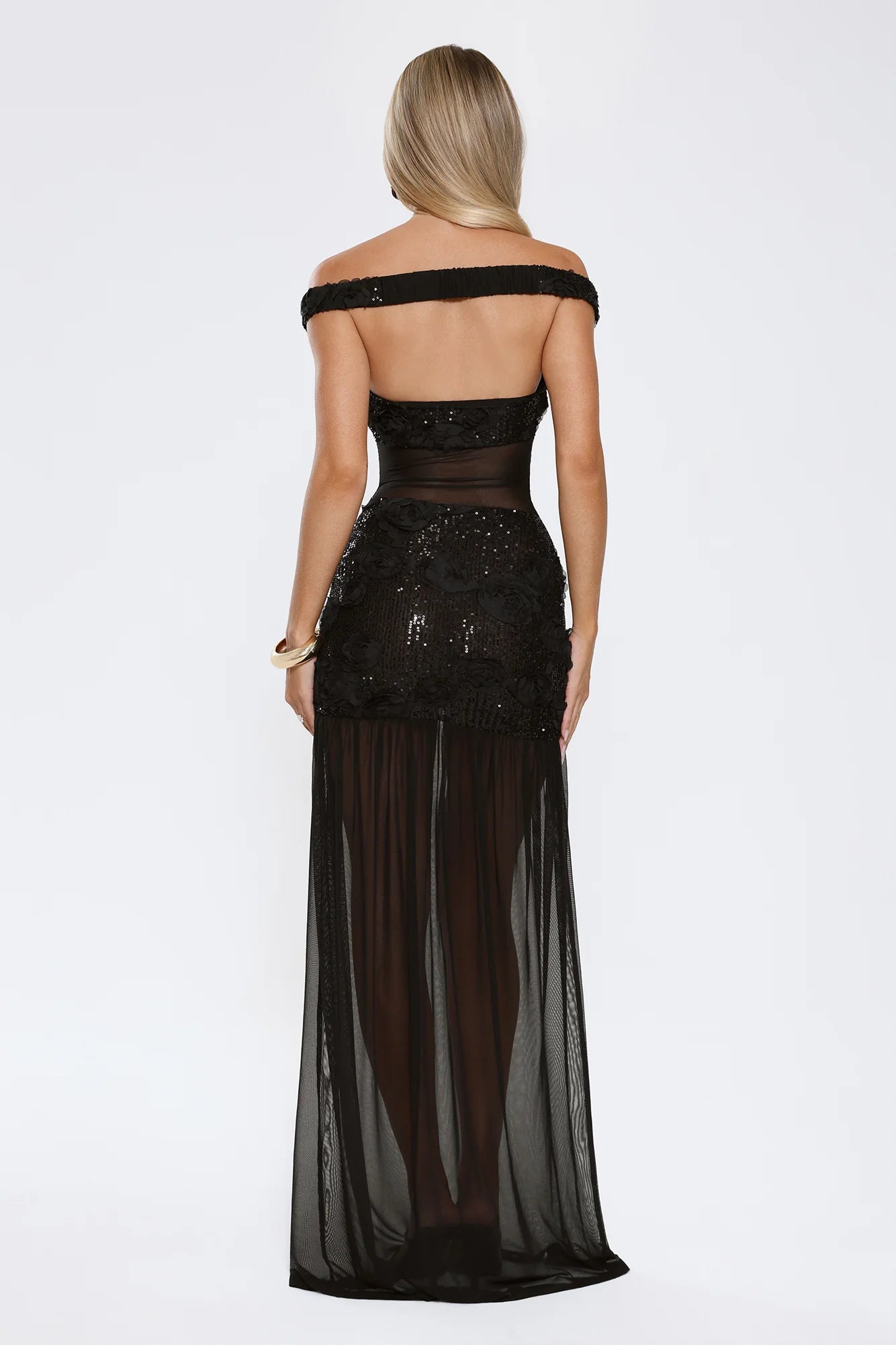 Glamorous Black Off-the-Shoulder Maxi Dress with 3D Floral Sequin Bodice, Sheer Mesh Waist Cutout, Form-Fitting Mini Liner and Flowing Tulle Overlay Skirt