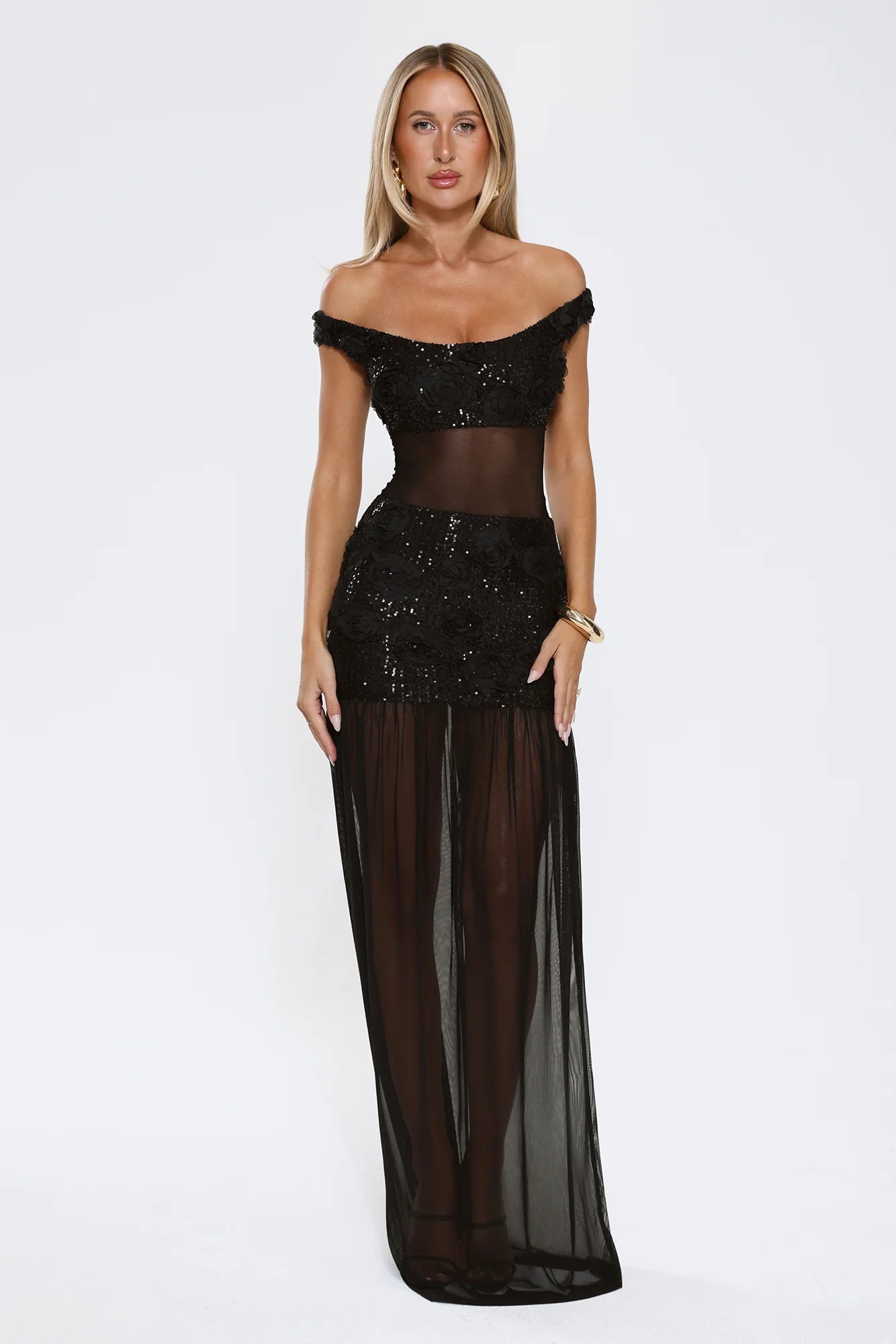 Glamorous Black Off-the-Shoulder Maxi Dress with 3D Floral Sequin Bodice, Sheer Mesh Waist Cutout, Form-Fitting Mini Liner and Flowing Tulle Overlay Skirt